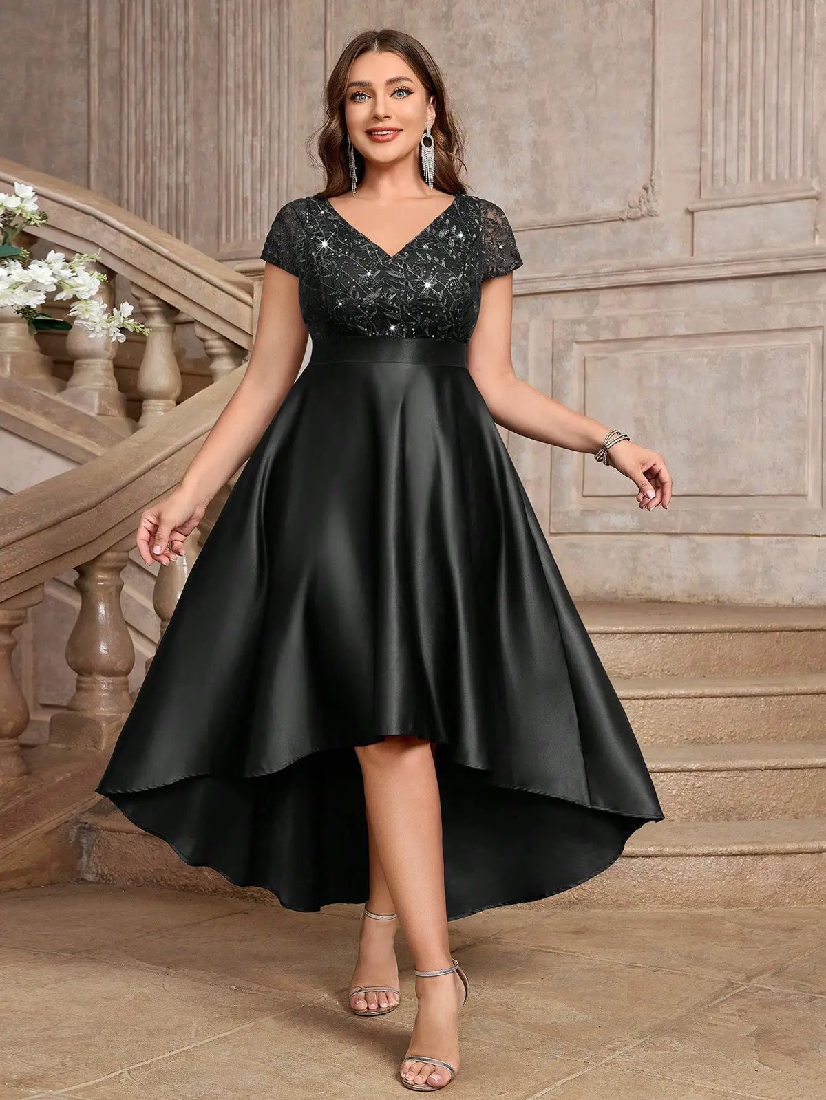 Plus Size V-Neck Sequin Embroidery Satin High-Low A-Line Formal Dress