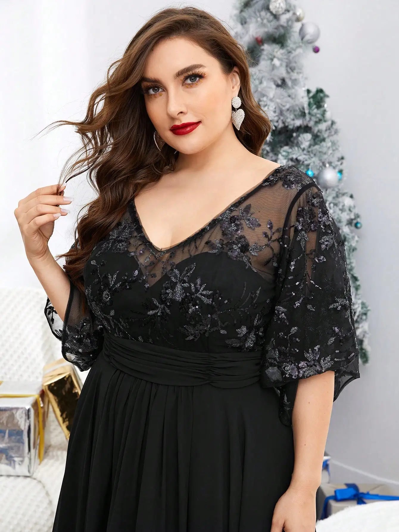 Plus Size Women V-Neck Sequin Embroidery Sheer Flare Sleeve Chiffon Maxi Dress Formal Evening Party Gown