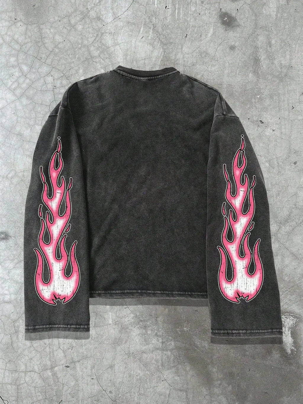 Distressed Black Long Sleeve Tee with Graphic Eye & Pink Flame Print, Gothic Y2K Style