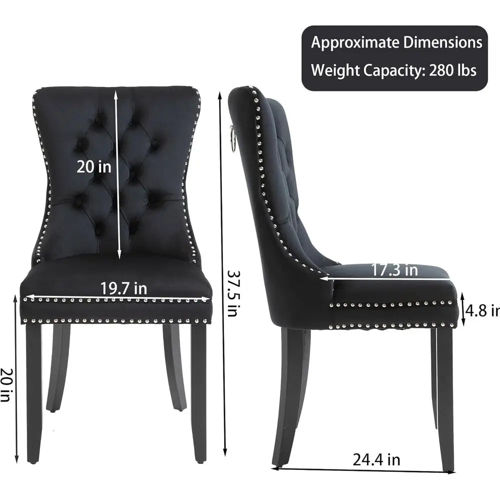 Luxury Velvet Upholstered Dining Chairs with Nailhead Trim and Ring Pull, Set of 2, Black