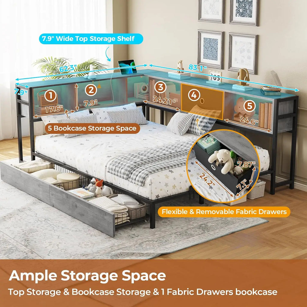 Corner Full Bed Frame LED Bookcase Storage Drawers Charging Station Metal Platform Daybed Bedroom Guest Room Oak Gray, Customize