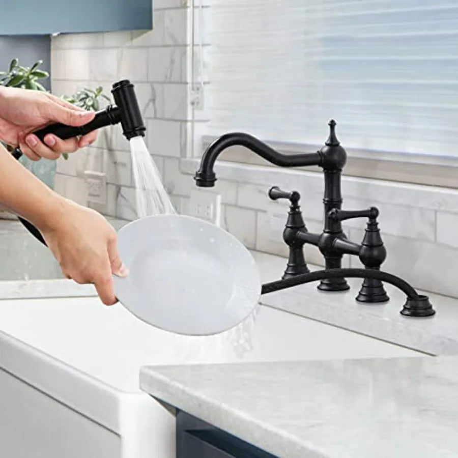 Black Kitchen Faucet with Side Sprayer 4 Hole Brass Kitchen Faucets for Sink 2 Handle 8 Inch Centerset Bridge Faucet Vintage Fa