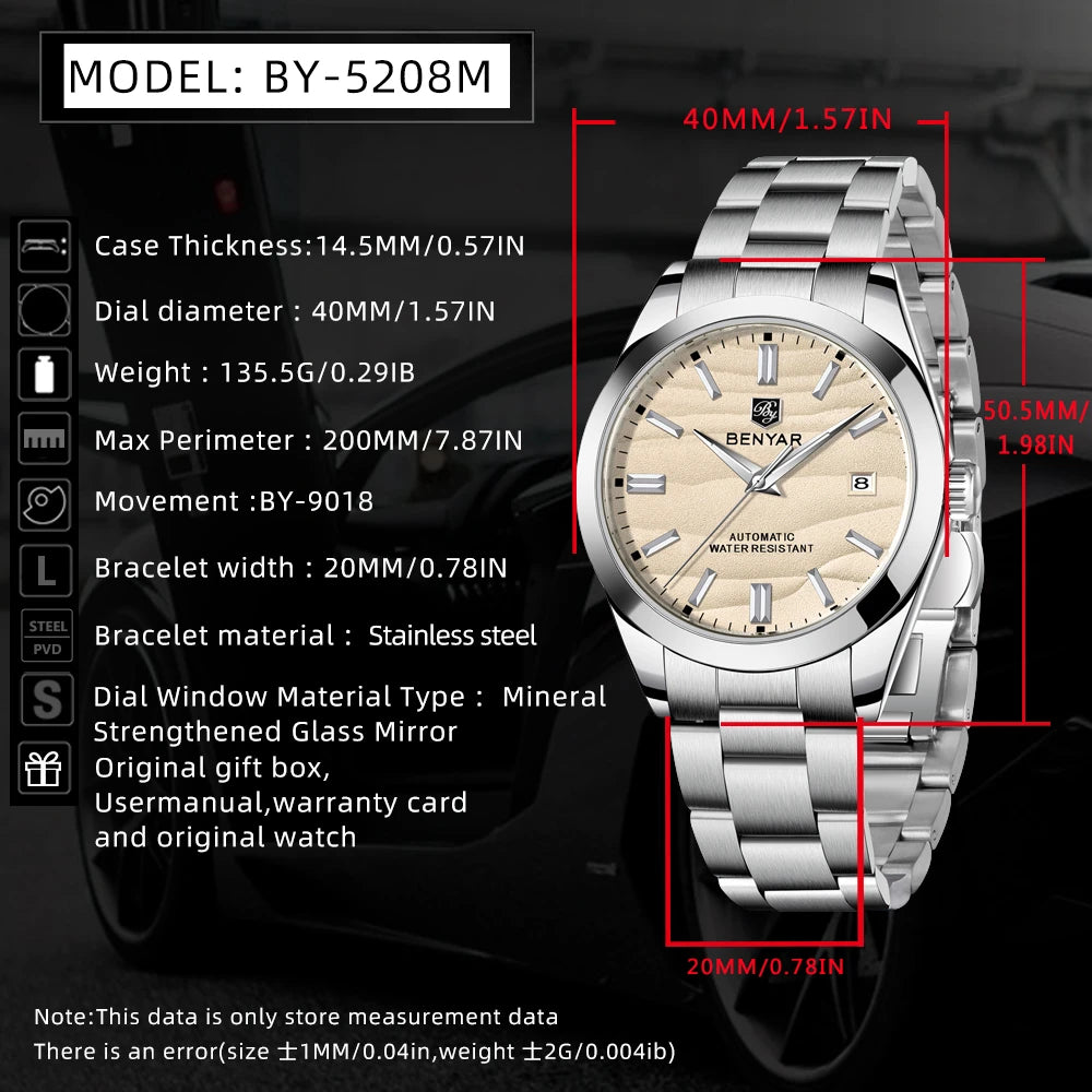 Benyar Men's Luxury Sand Particle Mechanical Watch 40mm Particle Size 316L Stainless Steel 5Bar Waterproof Automatic Watch