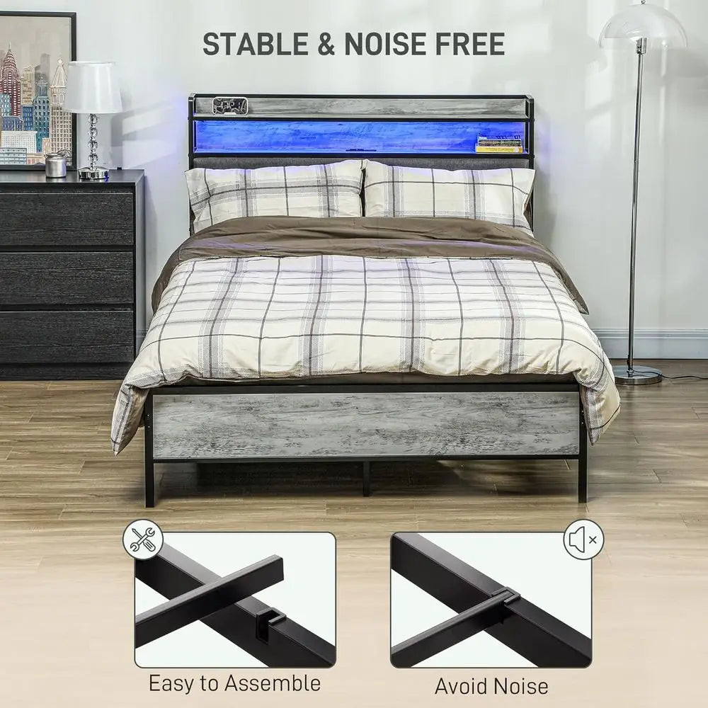 Full Size Bed with Storage, Upholstered Platform, LED Lights, Charging Station, Steel Slats, Noise-Free, Easy Assembly, No Box S