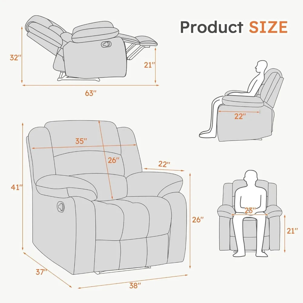 Recliner Chair, Breathable PU Leather Reclining Chair, Extra Wide Manual Recliners with Overstuffed Arm and Back, Customized