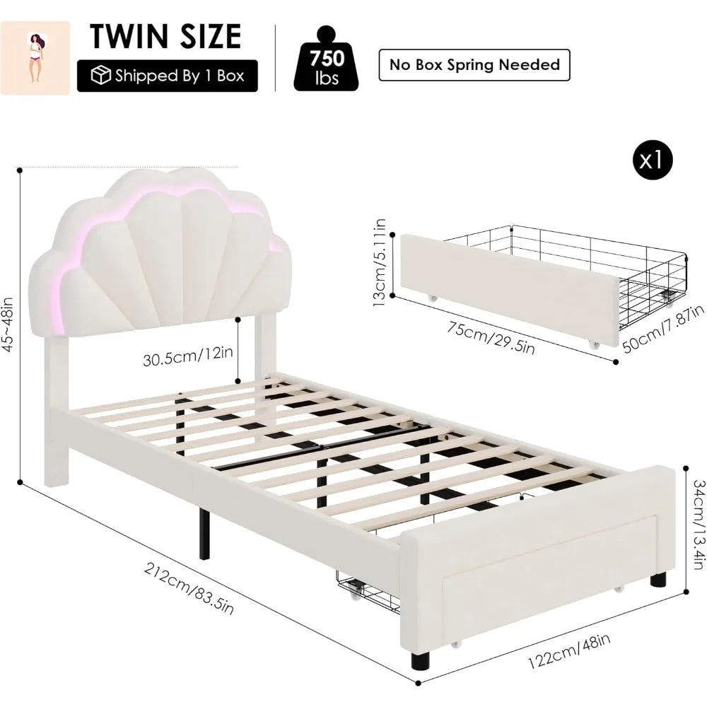 HIFIT 2 Set Twin Bed Frame with Storage and LED Light for Girls, Twin Size Upholstered LED Bed Frame with Drawer & Chic Double P