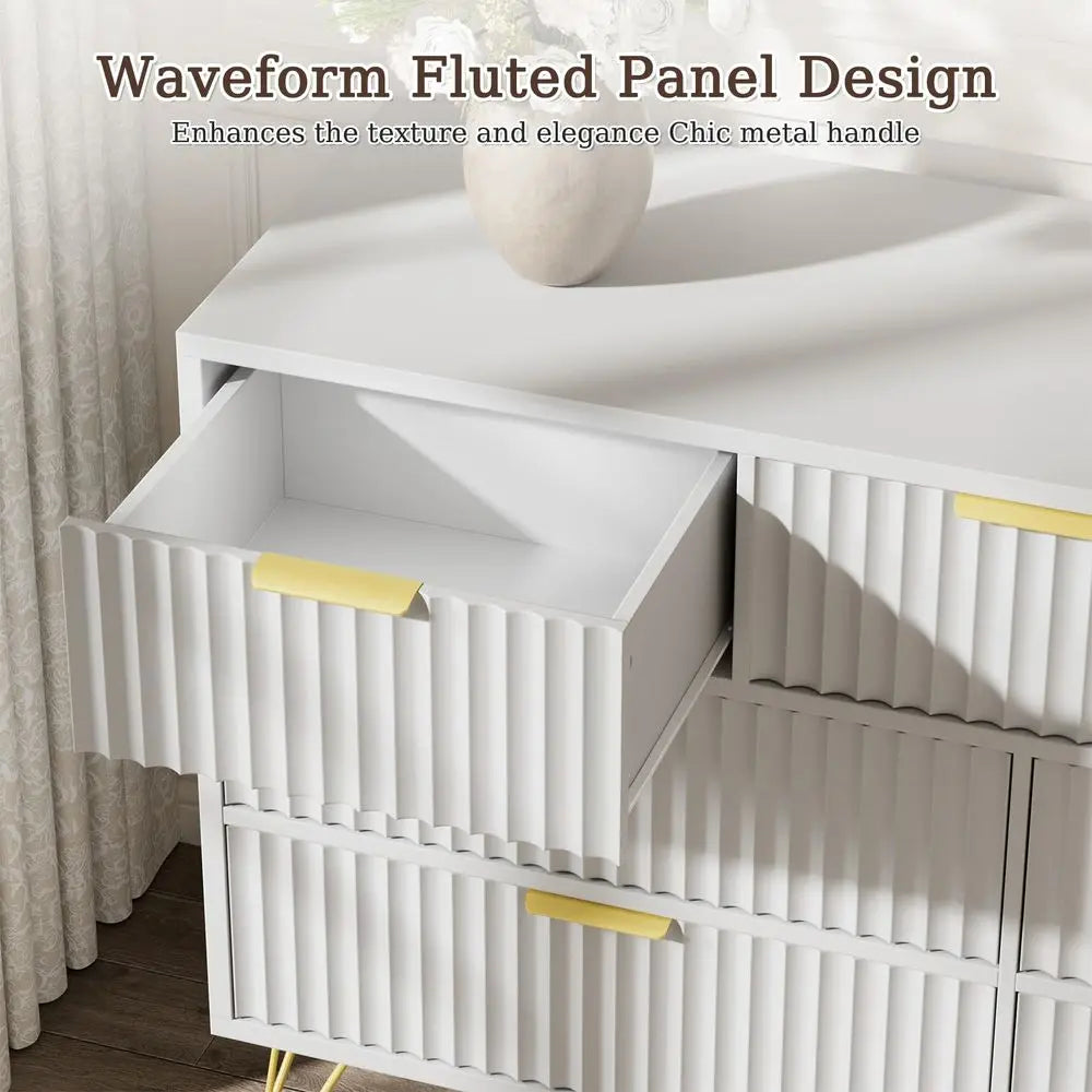 Fluted Dresser for Bedroom, White 7 Drawer Dresser with Gold Handles and Wide Drawers, Wood Chest of Drawers for Bedroom, Hallwa
