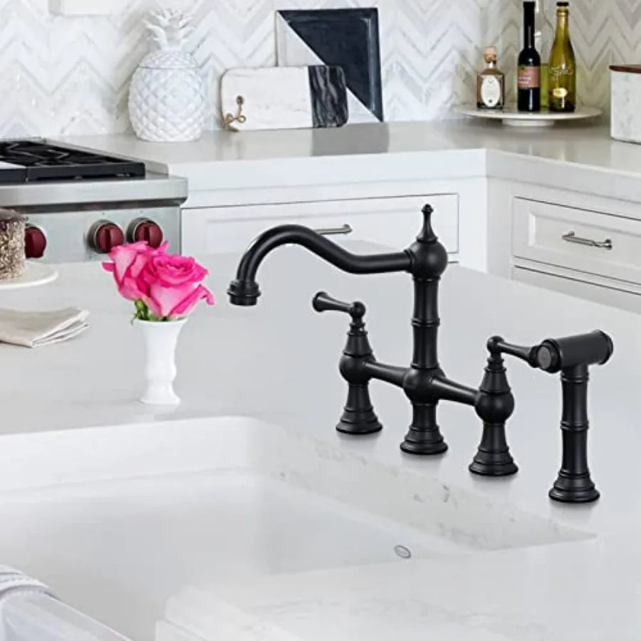 Black Kitchen Faucet with Side Sprayer 4 Hole Brass Kitchen Faucets for Sink 2 Handle 8 Inch Centerset Bridge Faucet Vintage Fa
