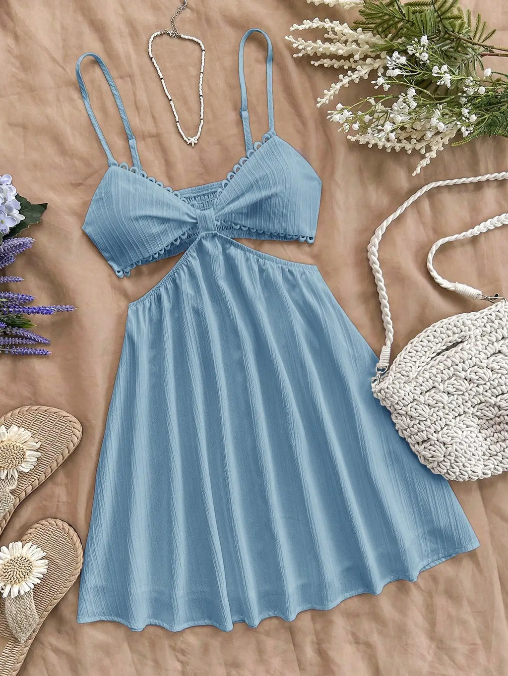 White V-Neck Strappy Hollow Waist Summer Dress for Women, Beach Vacation Style
