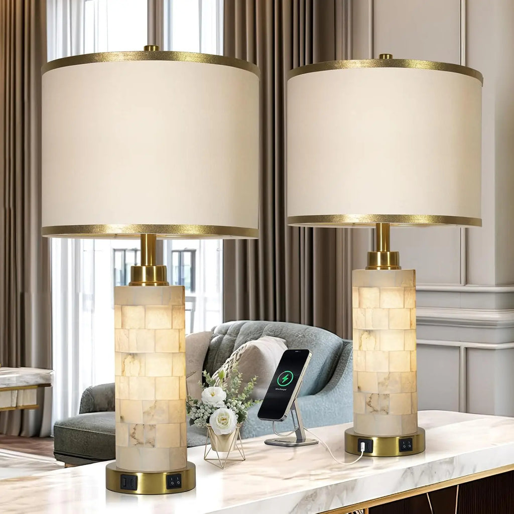Set of 2 Modern Table Lamps with USB Ports and Night Light, Alabaster Design for Living Room or Bedroom