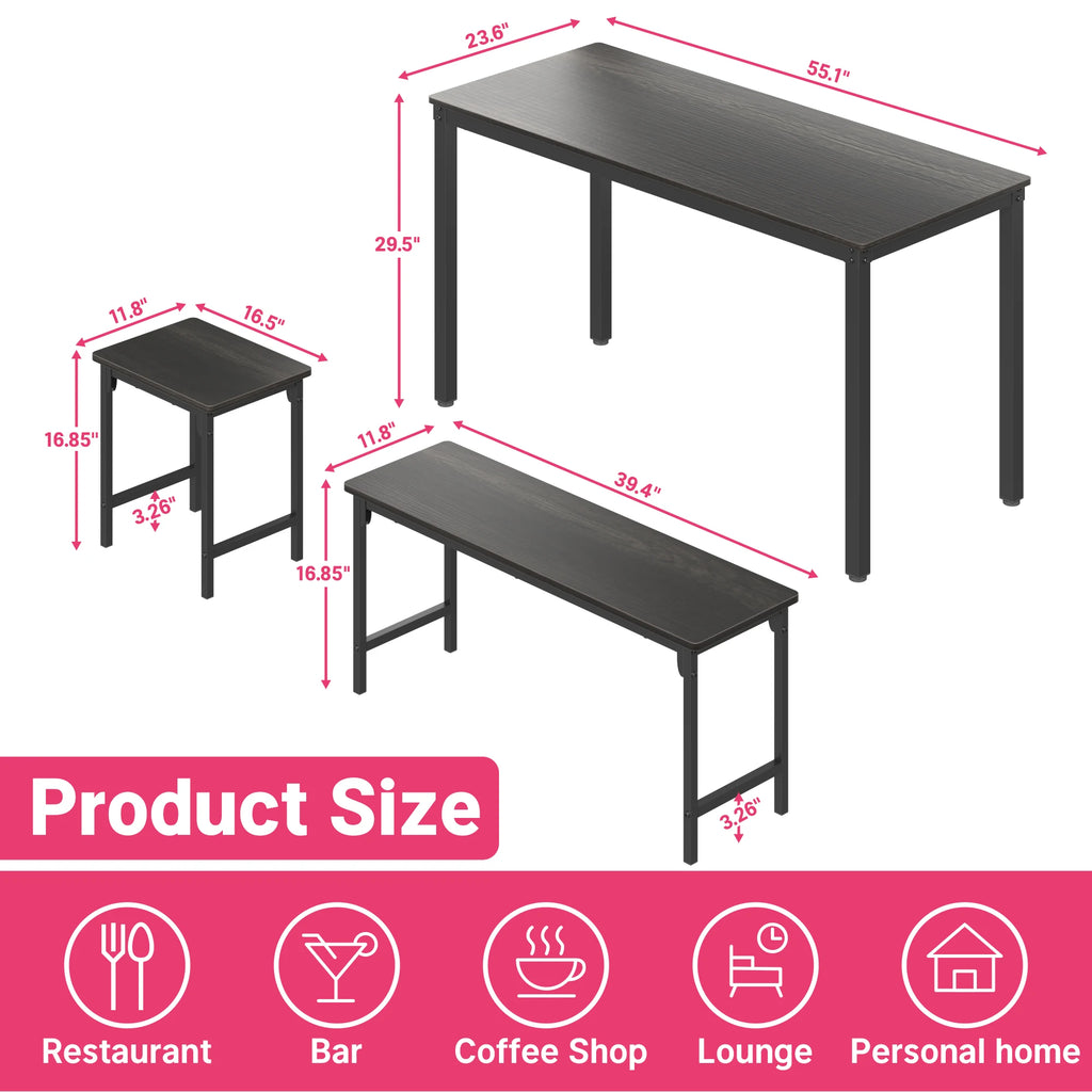 4-Piece Dining Table Set for 4, 55" Kitchen Table with Bench & 2 Stools, 4-Person Space-Saving Dinette for Kitchen, Dining Room