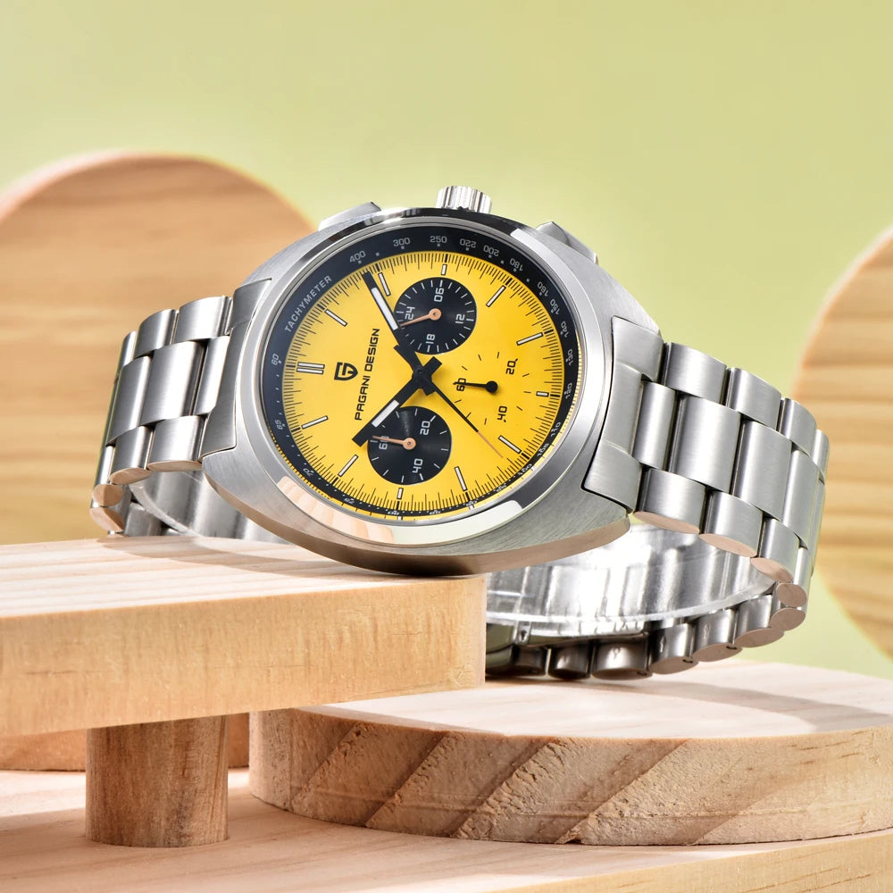 PAGANI DESIGN 2026 New Vibrant Yellow Men Watches Luxury Quartz Wrist Watch For Men Sapphire Speed Chronograph Retro Dial Clock