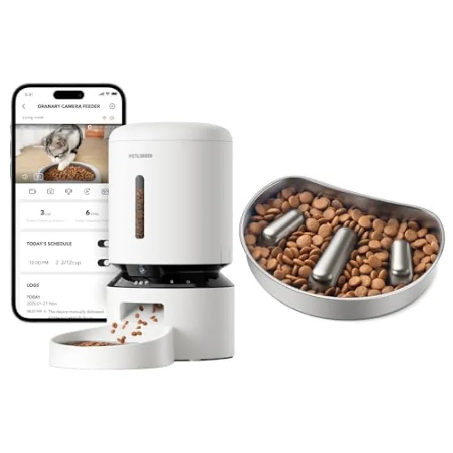 Automatic Cat Feeder with 1080P HD Camera and Night Vision for Small Pets Stainless Steel Slow Feeder Bowl in Silver 1.125 Cup