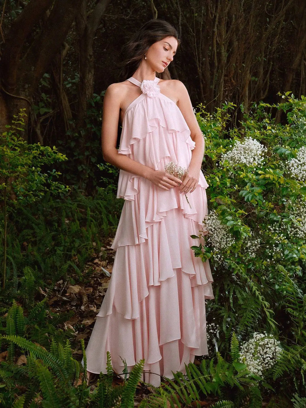 Pink Halter Neck Layered Ruffle Floral Detail Evening Dress