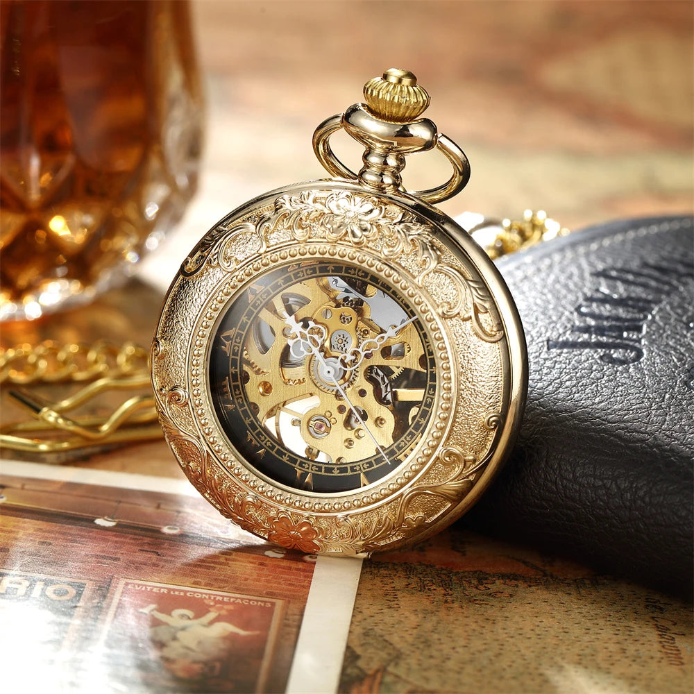 Luxury Retro Golden Hollow Skeleton Mechanical Pocket Watch Mens Fob Chain Steel Exquisite Sculpture Women Men Pocket Wath Gifs