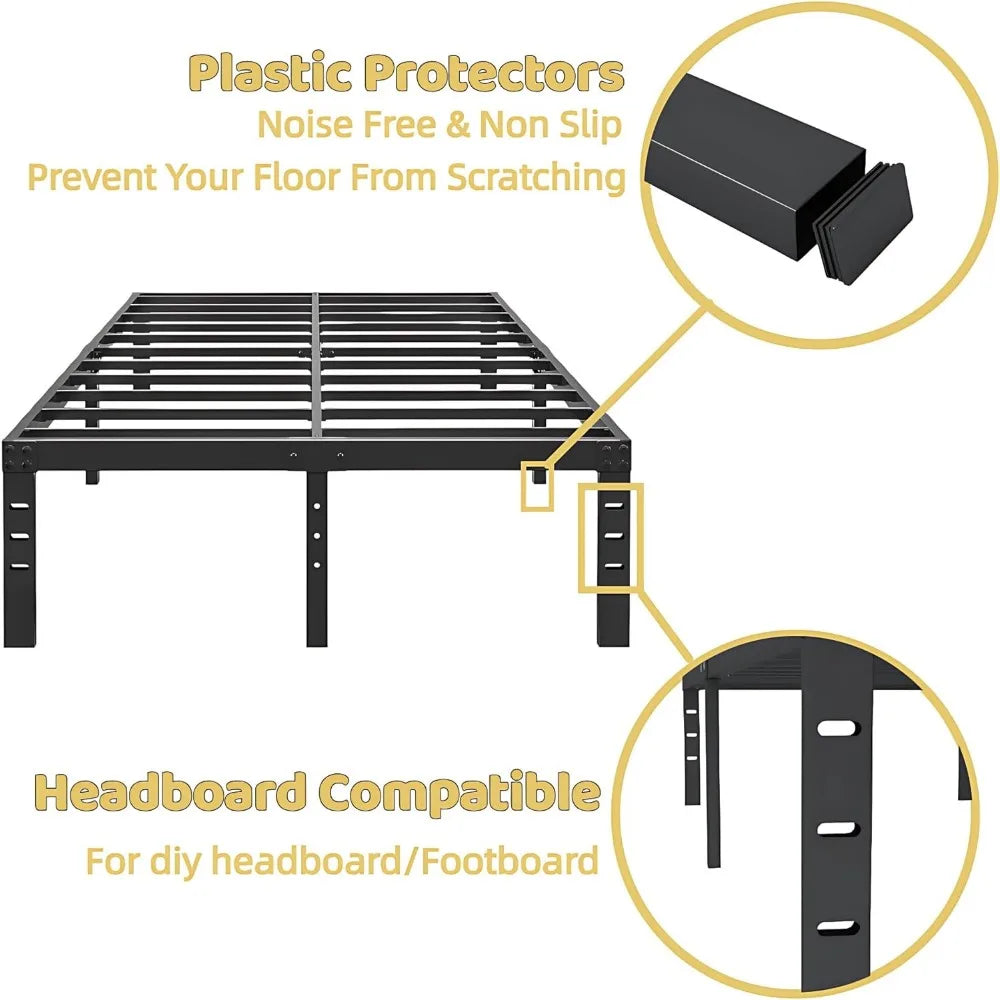 18 Inch Metal Bed Frame Heavy Duty Steel Slats Platform Easy Assembly Noise Free No Box Spring