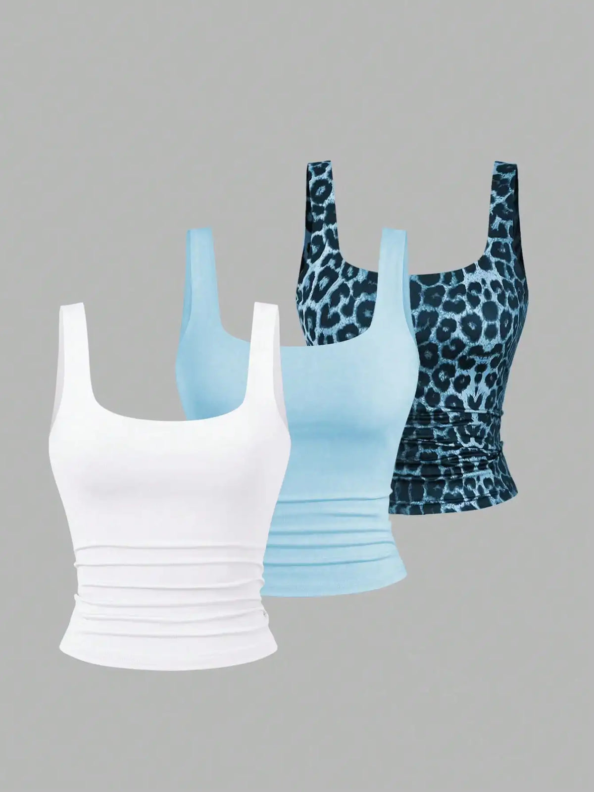 Women's Ruched Square Neck Tank Top Set, Casual Summer Floral & Solid Colors