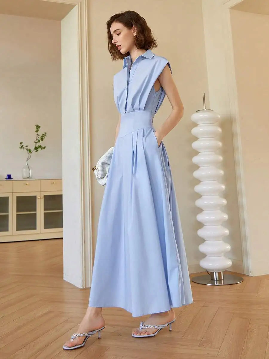 Women's Light Blue Sleeveless Collared Midi Dress, A-Line Fit, Elegant Business Casual Style