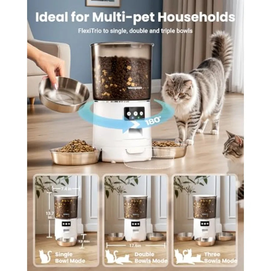 Automatic Cat Feeder for 3 Cats 6L/25 Cups Smart WiFi Pet Feeder with Strong Anti-Jam System and Dual-Effect Desiccant 10S Voic