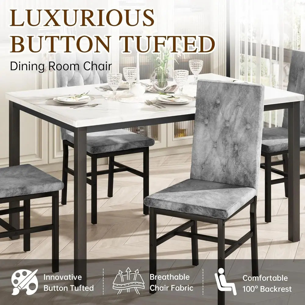 4-Piece Marble Top Dining Set with Elegant Button-Tufted Chairs