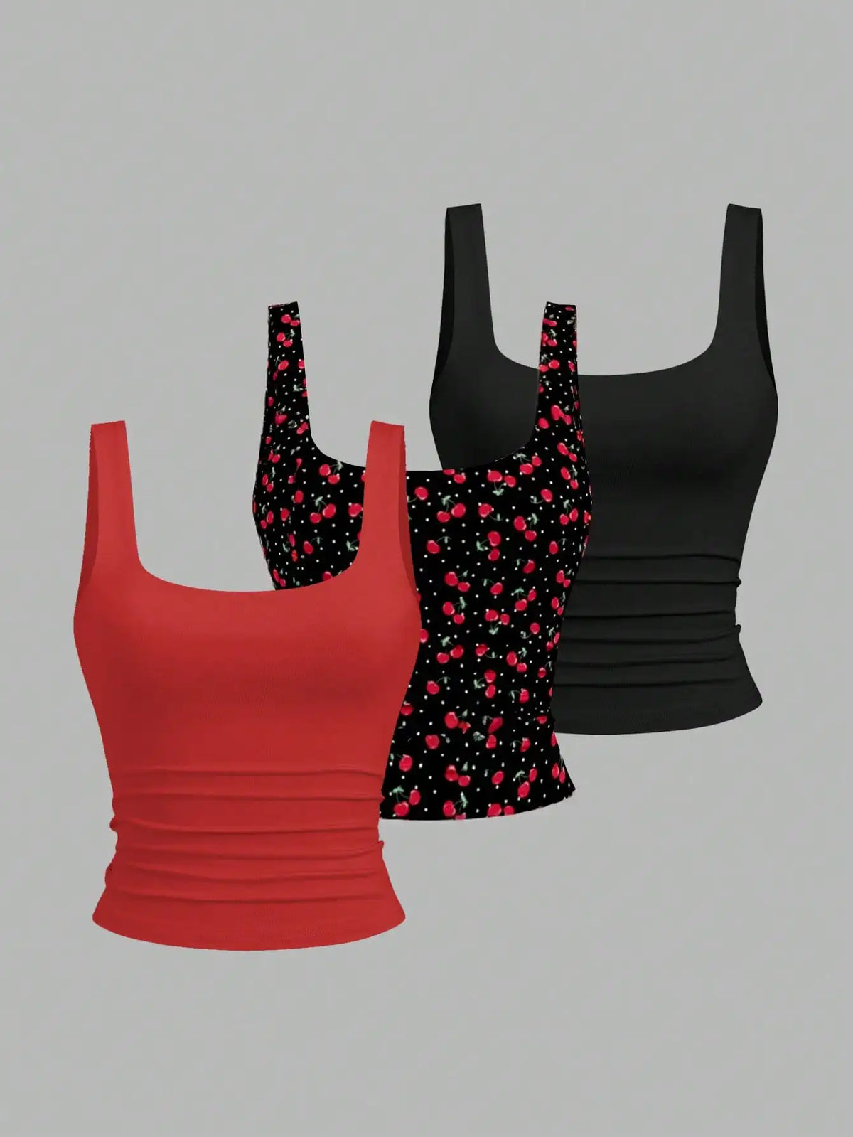 Women's Ruched Square Neck Tank Top Set, Casual Summer Floral & Solid Colors