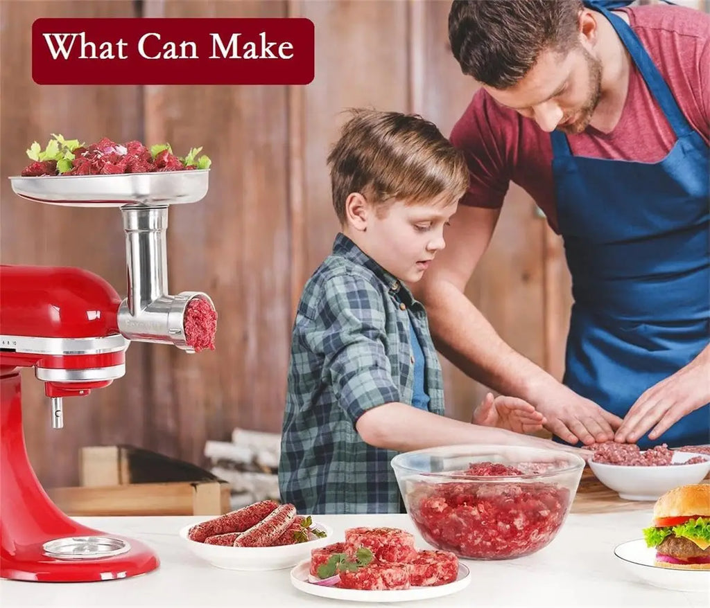 Stainless Steel Food Grinder Attachment for Kitchen Mixers, Dishwasher Safe with 3 Sausage Tubes