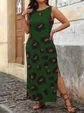 Leopard Print Split Thigh Maxi Dress for Summer Vacation