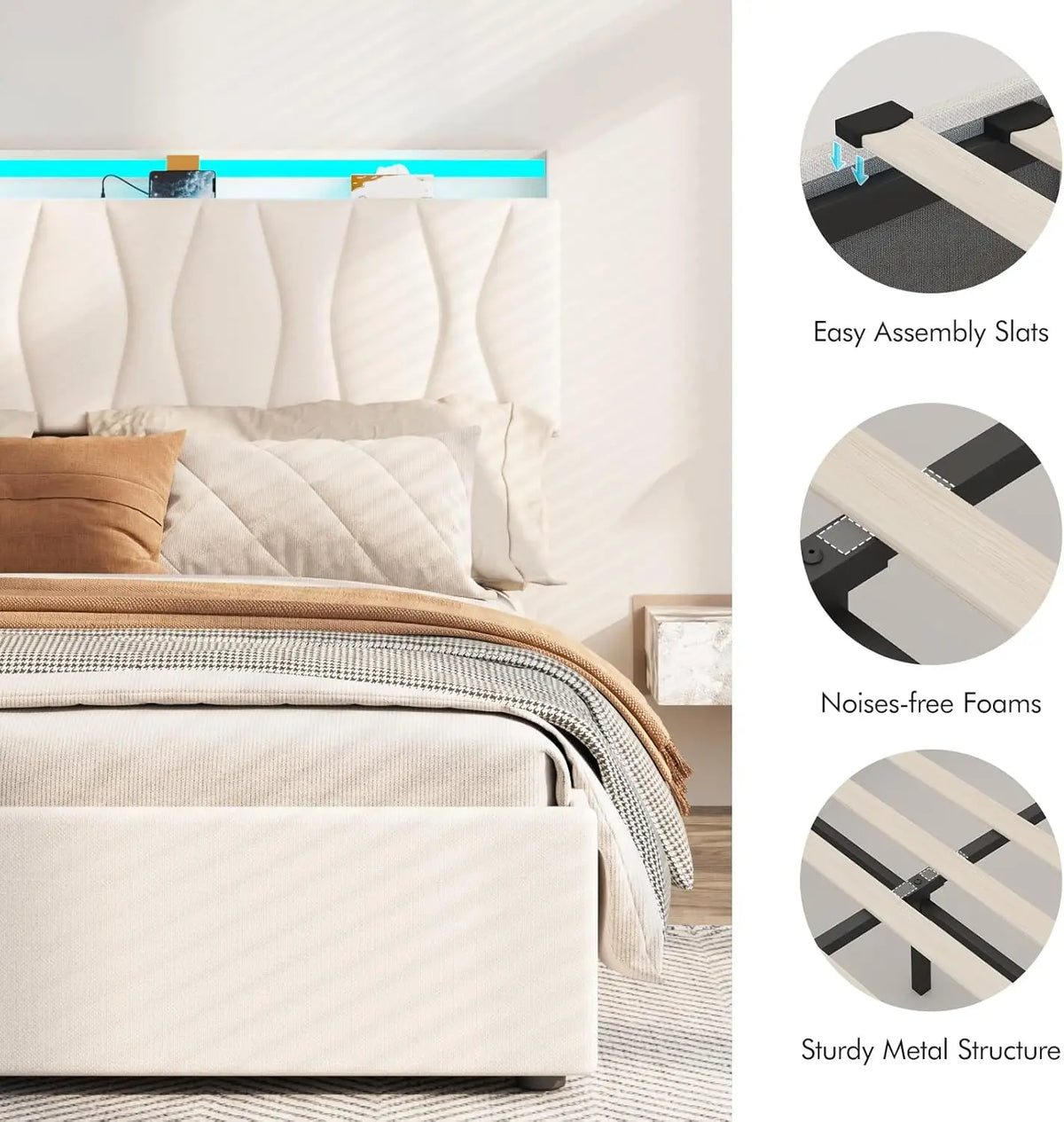 Queen Size Lift-Up Storage Bed Frame with Adjustable Headboard, Charging Station, LED Lights, and Noise-Free Design