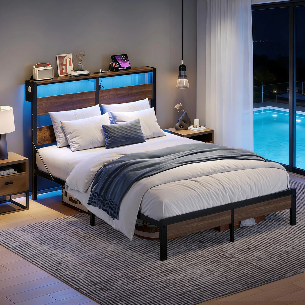 Queen Bed Frame with Headboard and Charging Station,Non-Slip Bed Frame with LED Light,Noise-Free,Easy Assembly,Walnut