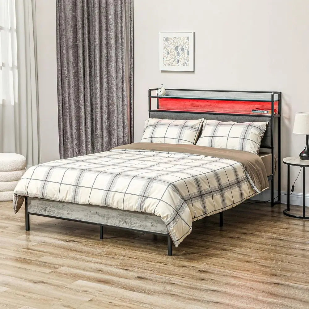 Full Size Bed with Storage, Upholstered Platform, LED Lights, Charging Station, Steel Slats, Noise-Free, Easy Assembly, No Box S