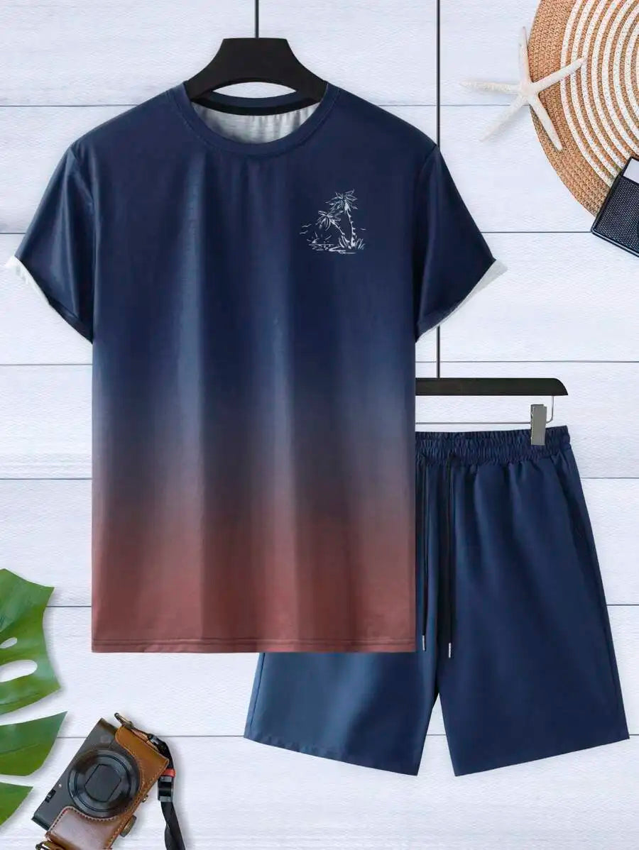 Men's Gradient Ombre T-Shirt and Shorts Set, Casual Loose Fit Beachwear