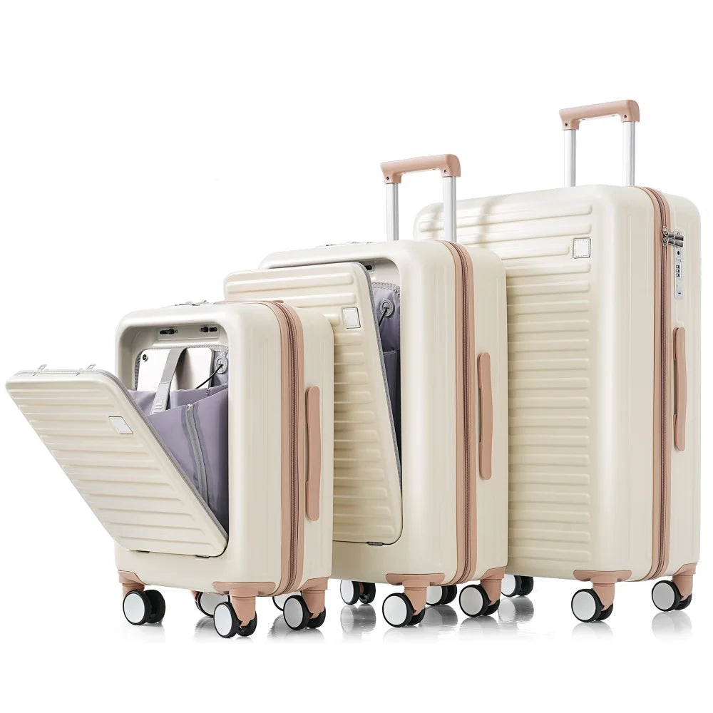 Luggage Set of 3 20 24 28inch with USB Port 20 24inch Front Opening Design Airline Certified Carry on Luggage with Cup Holder