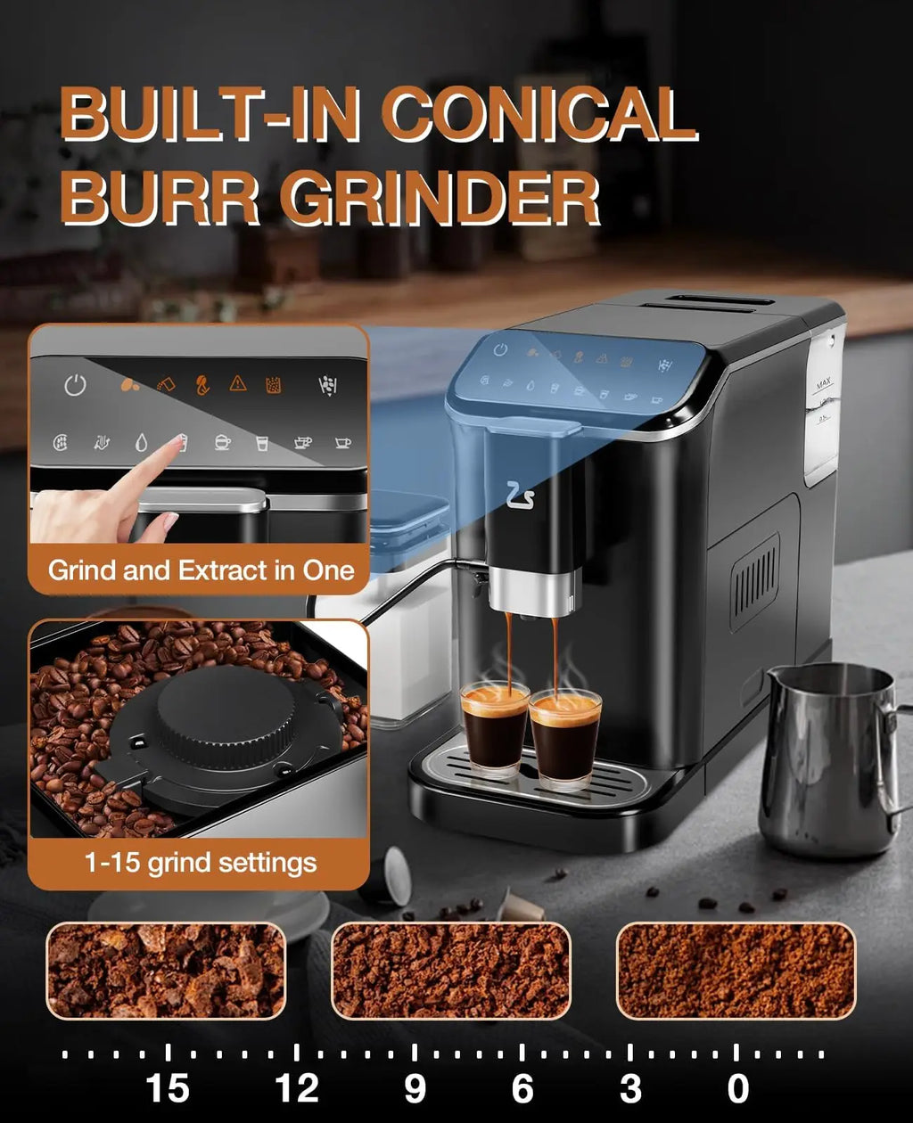 20-Bar Espresso Maker With Bean Grinder Professional Coffee Machine With Milk Frother & 1.5l Water Tank For Coffee Lovers