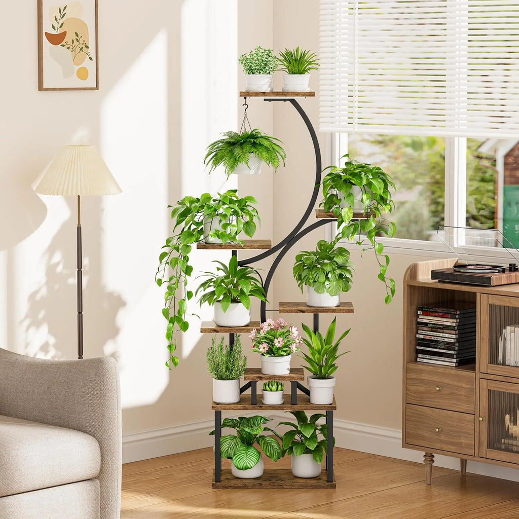 62" Tall Indoor Plant Stand with Grow Lights, 8-Tier S-Shaped Shelf for Living Room Decor, Brown