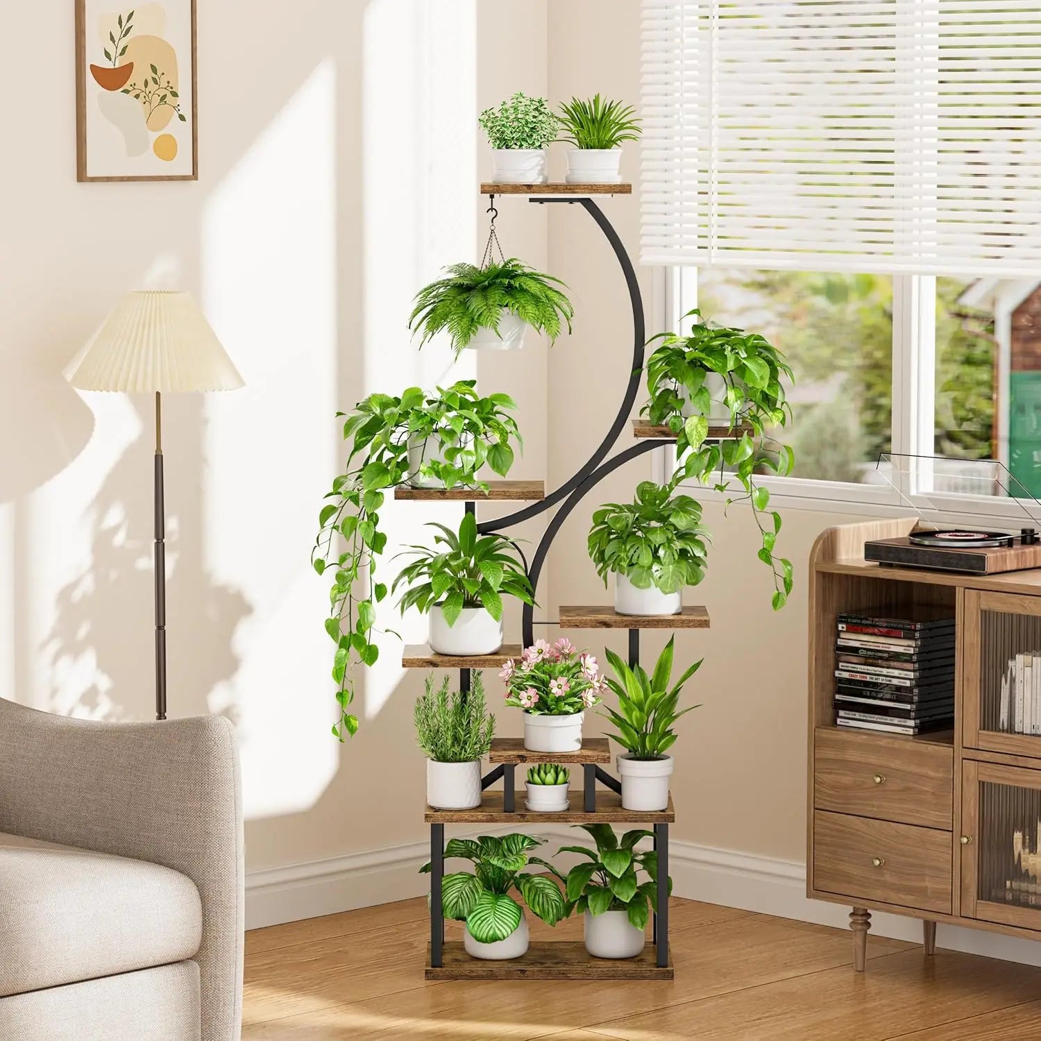 62" Tall Indoor Plant Stand with Grow Lights, 8-Tier S-Shaped Shelf for Living Room Decor, Brown