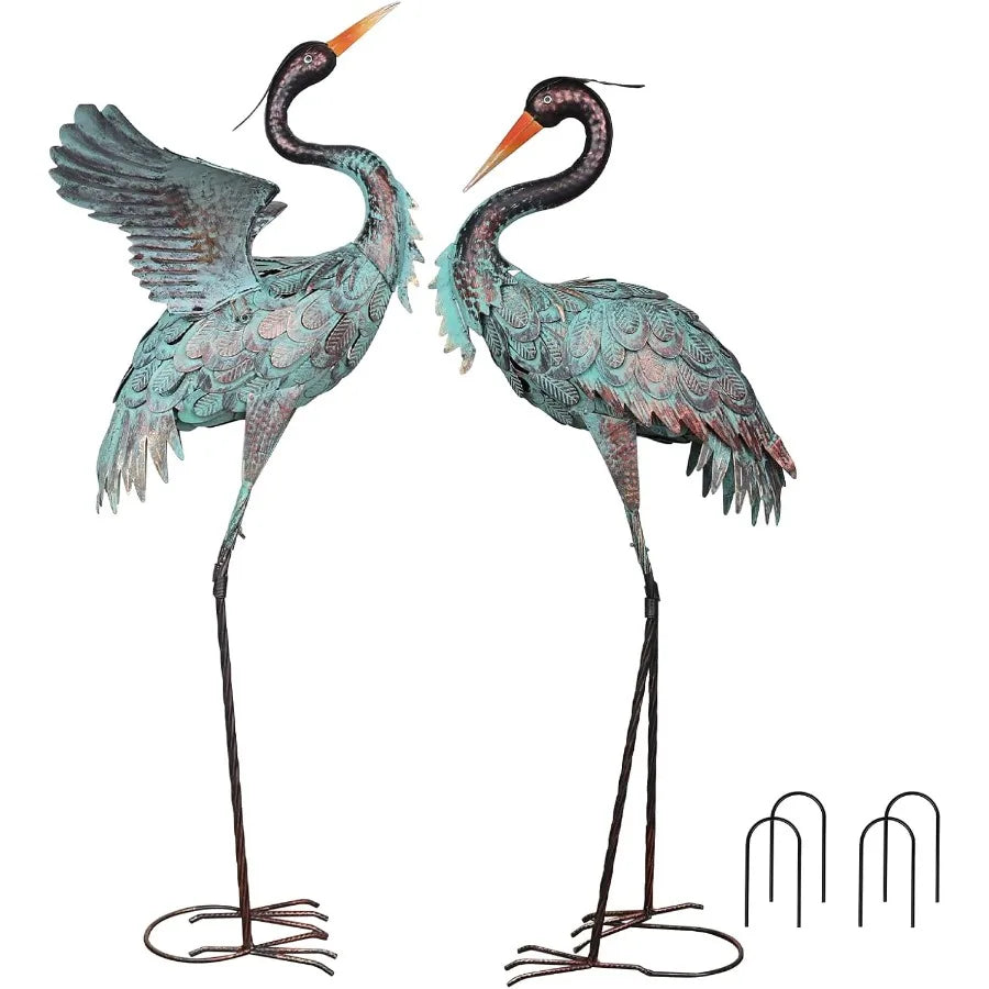 Garden Decor Outdoor Statues 38"/36" Large Metal Heron Standing Yard Art Blue Crane Lawn Sculptures Garden Decor for Outside Pa