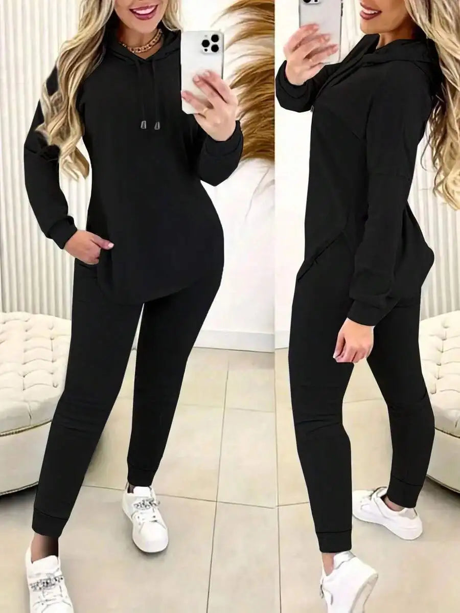 Gray 2-Piece Hooded Lounge Set with Drawstring Waist, Loose Fit Long Sleeve Top & Joggers
