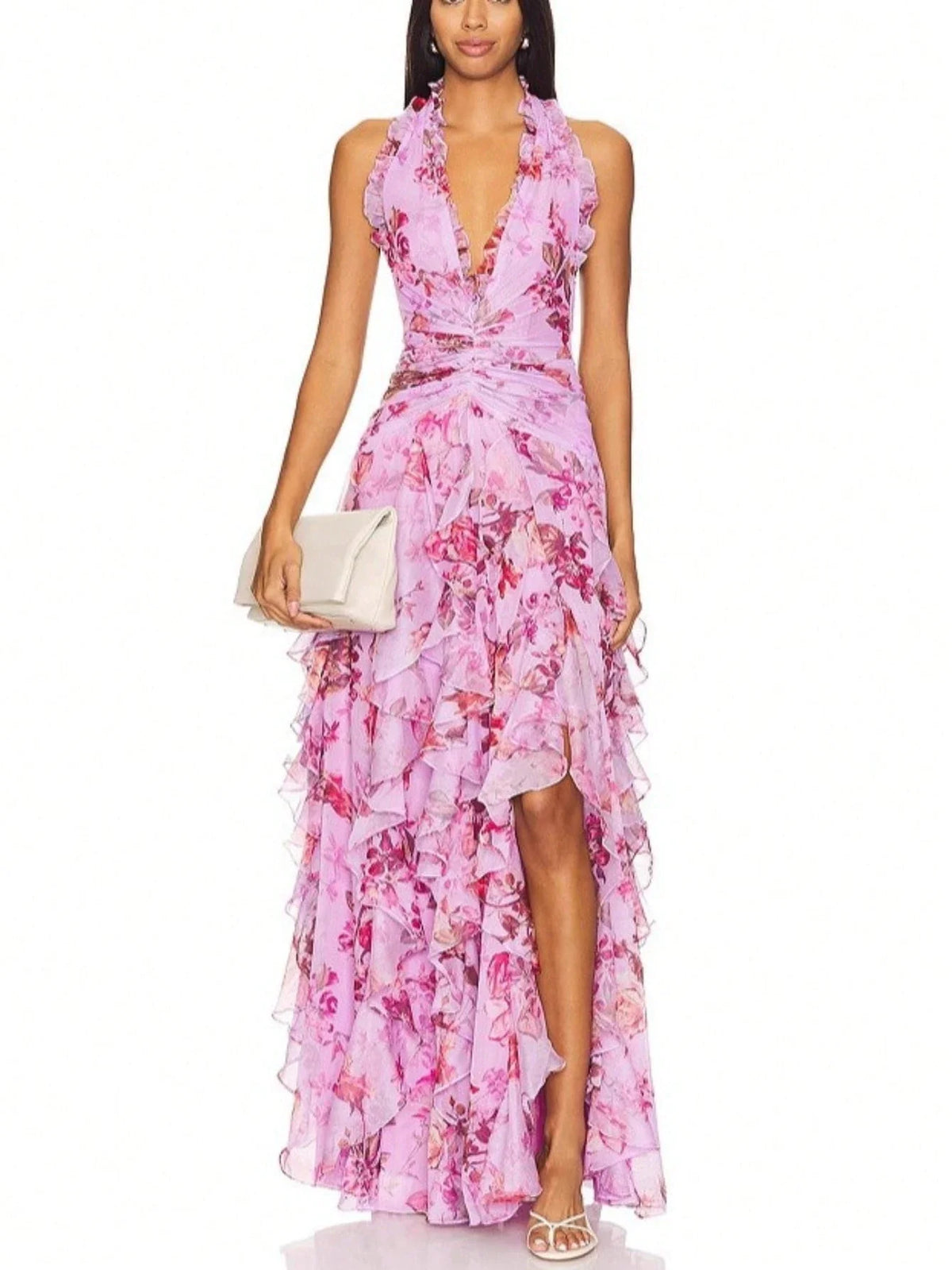 Elegant Floral Halter Neck Long Dress With Ruffle Hem And Slit For Women