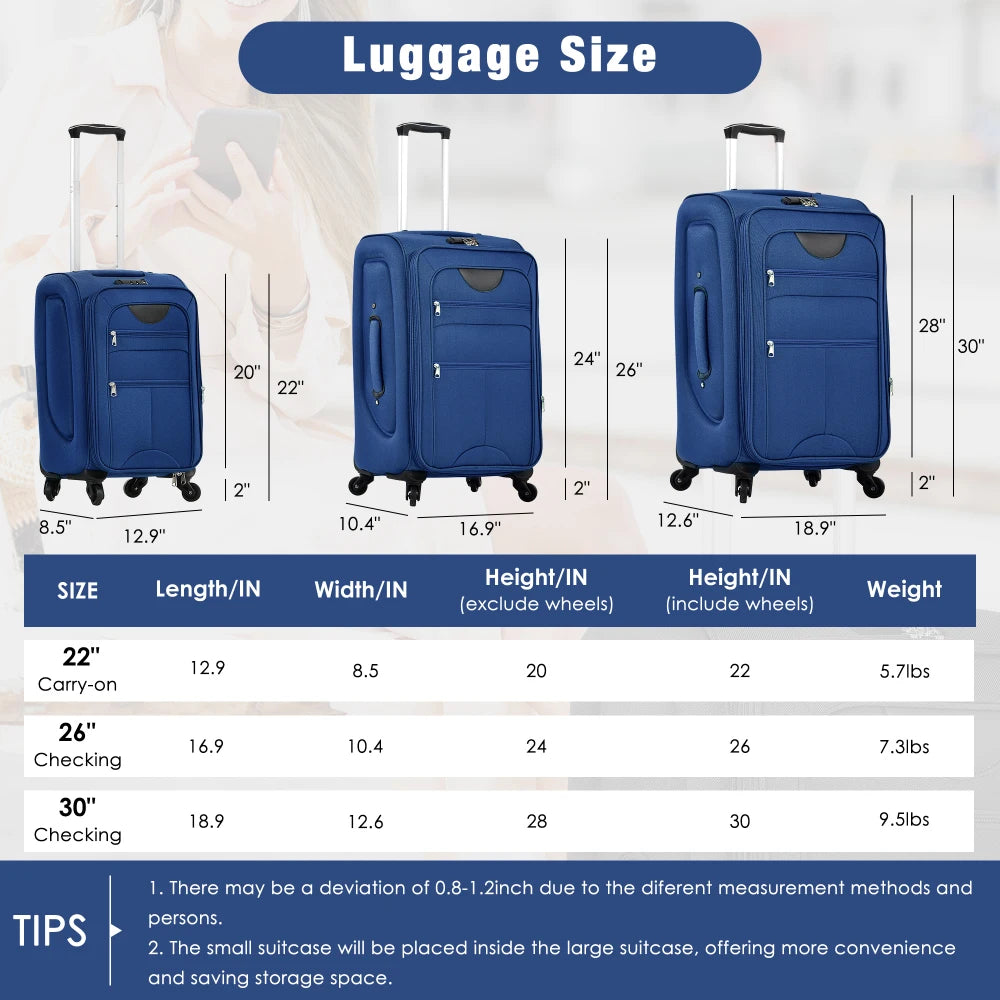 3Pcs Softside Expandable Travel Luggage Set 22/26/30 Inch with Duffel Bag Upright Spinner Wheels Lightweight Softshell