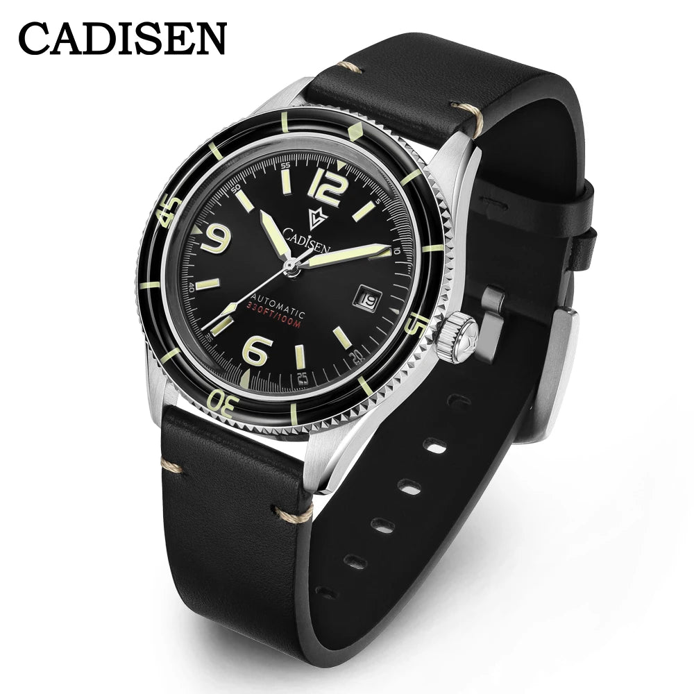 CADISEN NEW Watches Mechanical Automatic Wristwatches MIYOTA 8215 Movement Genuine Leather Waterproof Luminous Red Watch of Men