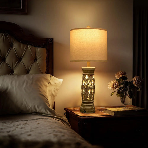 27.25" Rustic Farmhouse Table Lamps Set of 2 - Vintage Bedside Lamps with Night Light & USB Ports, Bulbs Included