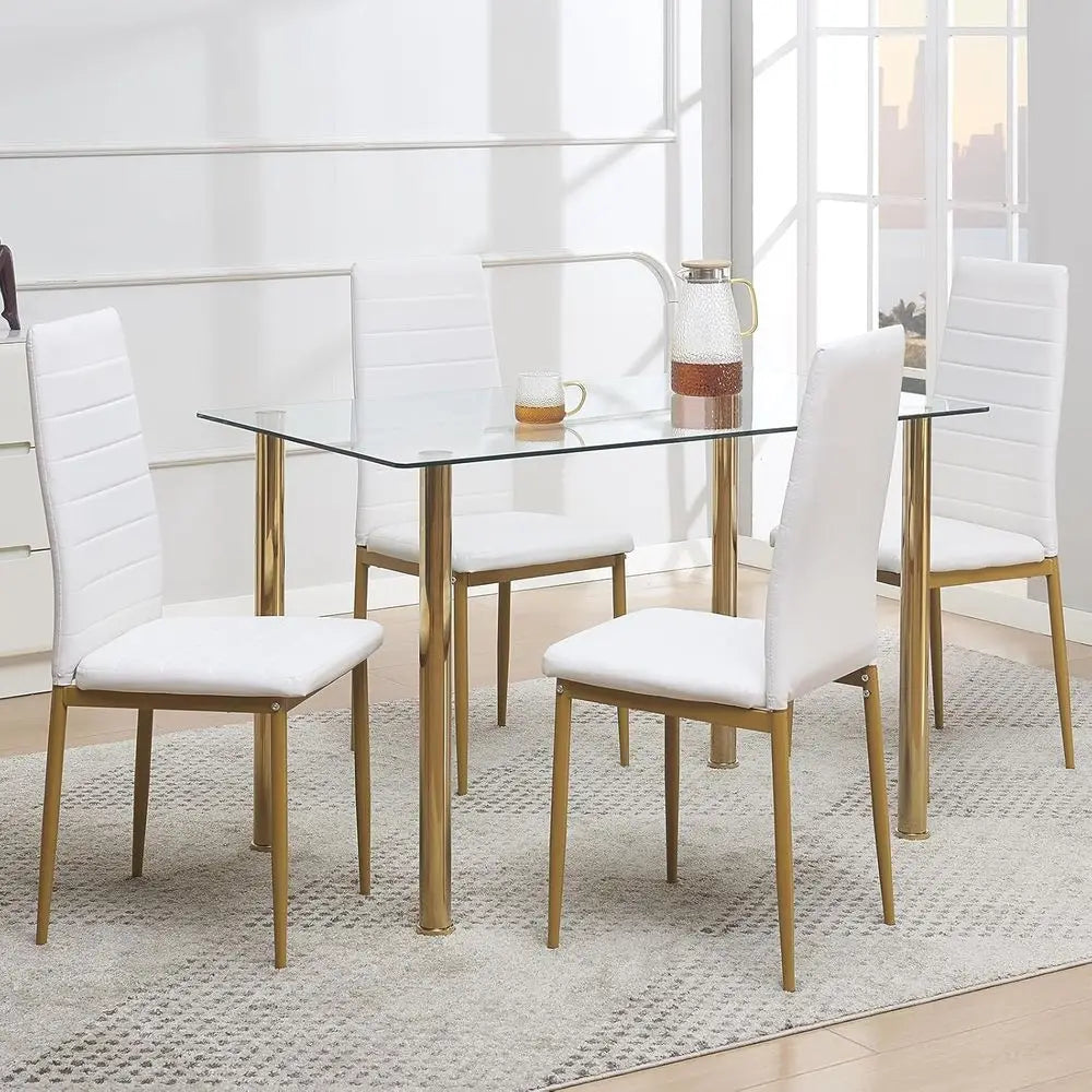 Gold 5-Piece Glass Dining Set or 4-Seat Kitchen Table with Leather Chairs, Ideal for Small Spaces