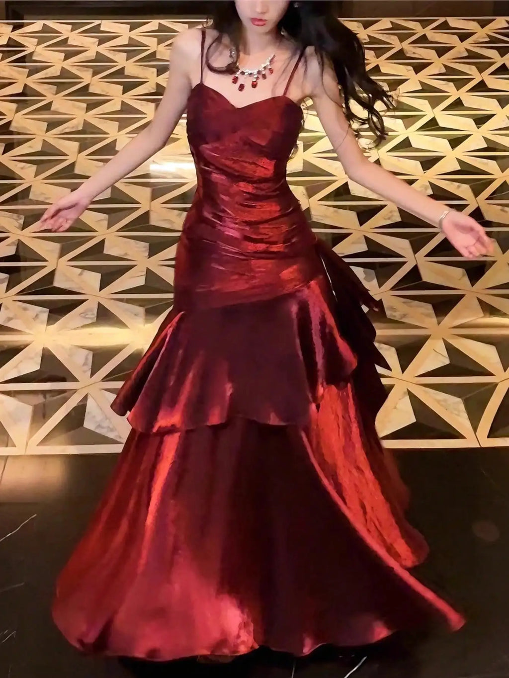 Burgundy Satin Mermaid Dress with Ruched Bodice and Spaghetti Straps for Formal Events