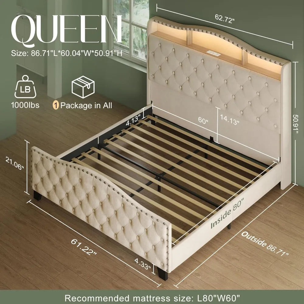 Queen Size Bed Frame and Headboard, 50.9" Velvet Upholstered Wingback Bedframe with LED Lights & Storage/Charging Station