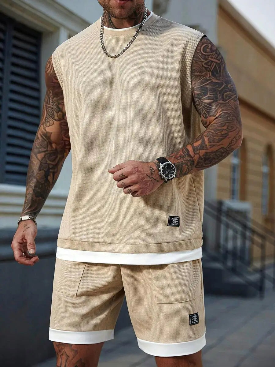 Beige Waffle Knit Sleeveless Tank Top and Shorts Set for Men, Casual Summer Two-Piece Outfit