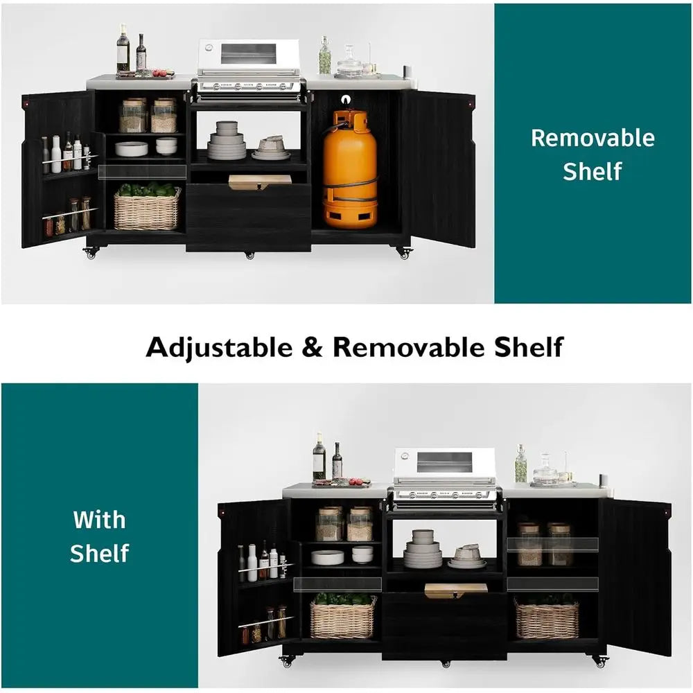 66.5 Stainless Steel Top Wood Outdoor Kitchen Island with Rolling Cart, Storage, Spice & Towel Racks