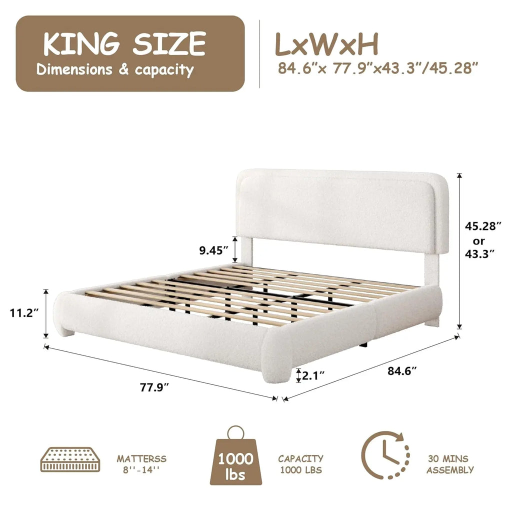 Upholstered Platform Bed Adjustable Headboard Rounded Corners Noise Free Easy Assembly White, Customized