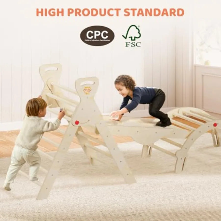 Pikler Triangle Set 8-in-1 Foldable Montessori Wooden Climbing Toys for Toddlers 1-5 Years Indoor Jungle Gym with Slide