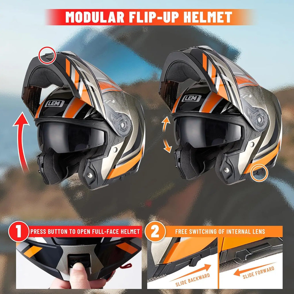 Modular Motorcycle Helmets Fiberglass Full Face Motorcycle Helmet Flip Up for Touring DOT Certified Release Sun Visor Removable