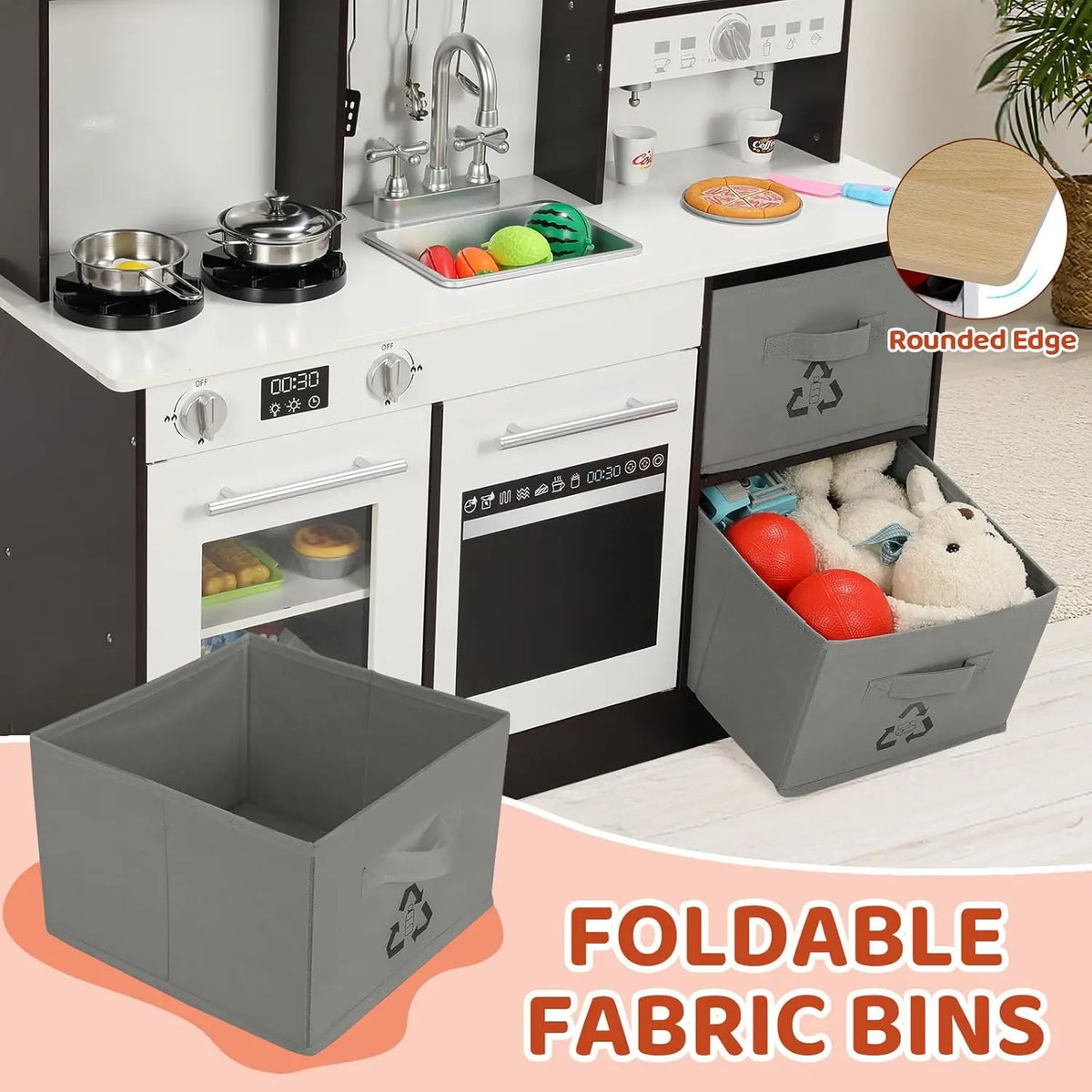 Kids Play Kitchen, Wooden Pretend Toy Kitchen, Toodler Cooking Playset, Stove w/Light & Sound, Sink, Microwave, 2 Fabric Boxs, D